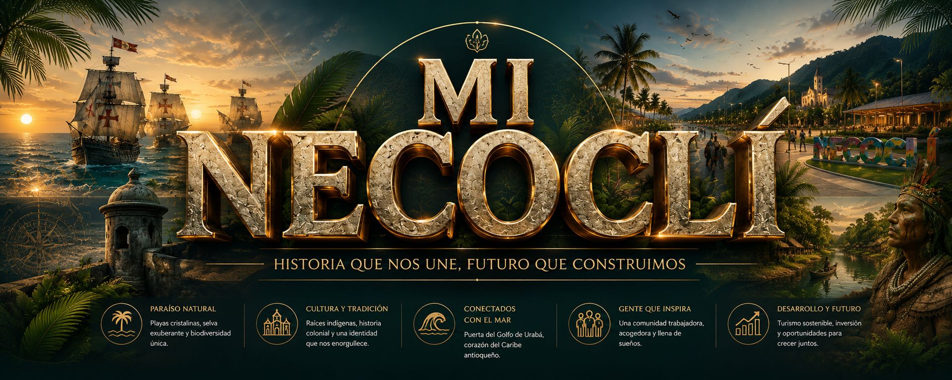 Banner de Mi Necocli: galeones, pueblo costero, raices indigenas y el lema Historia que nos une, futuro que construimos