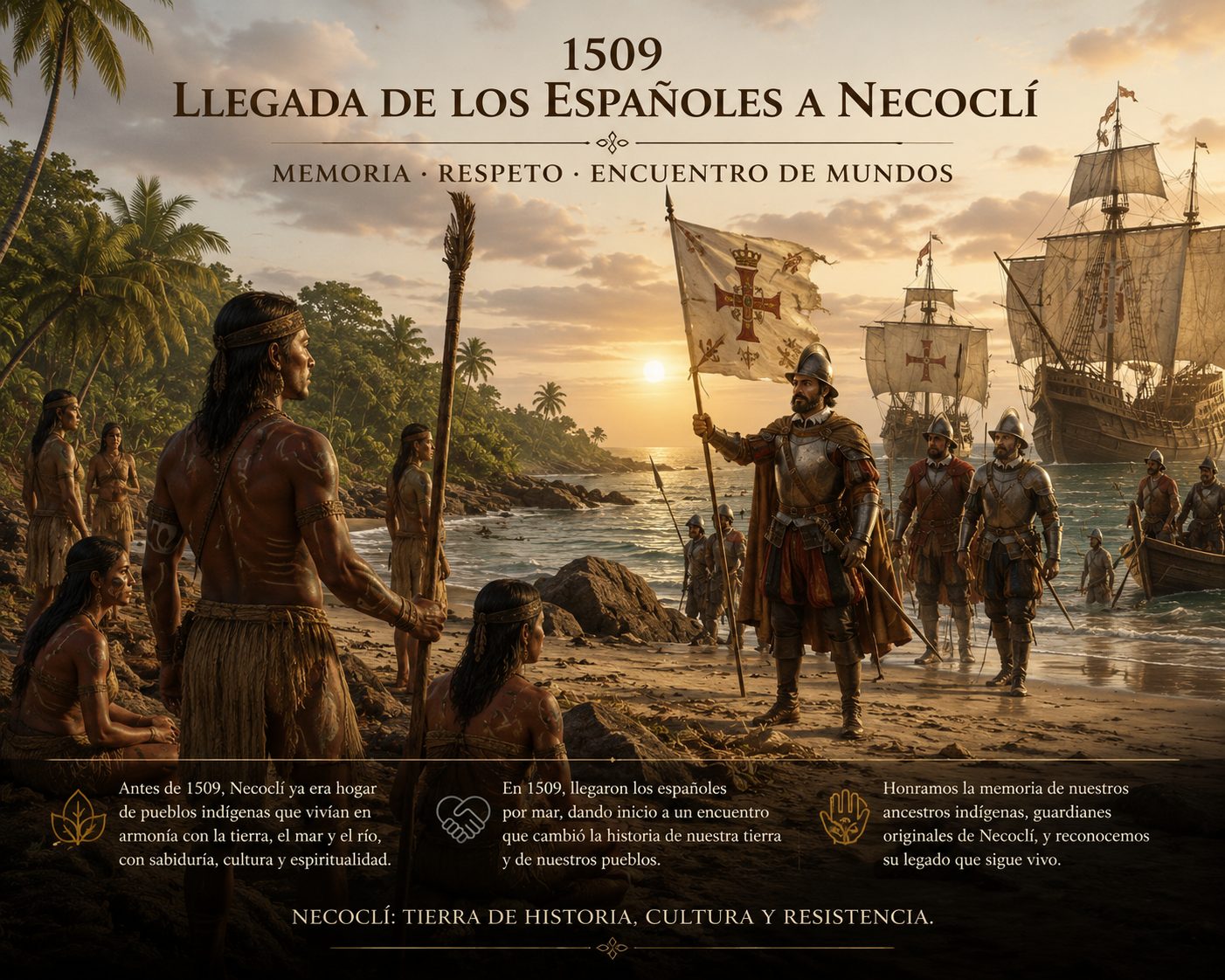 Encuentro de 1509 en Necocli: pueblos originarios y llegada española en la playa al atardecer