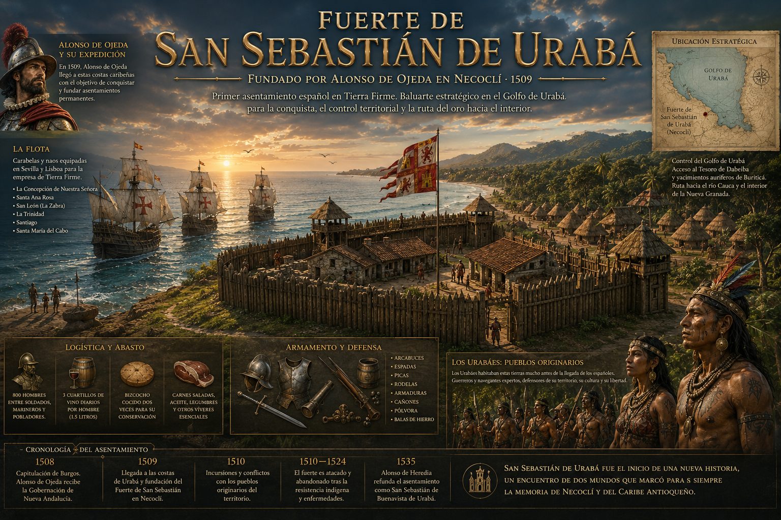 Infografía del Fuerte de San Sebastián de Urabá: flota, logística, urabaes y cronología