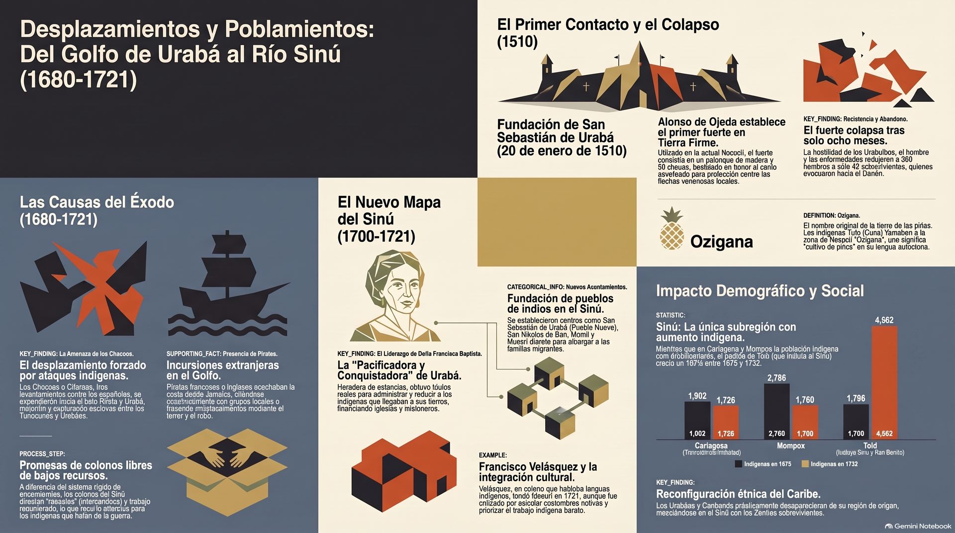 Infografía de desplazamientos y poblamientos del Golfo de Urabá al río Sinú, 1680-1721